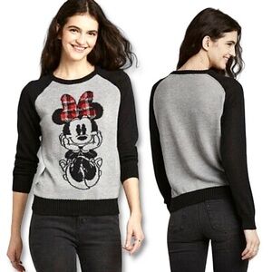 NWOT Minnie Mouse Plaid Bow Gray Black Knit Crewneck Sweater Top Disney New